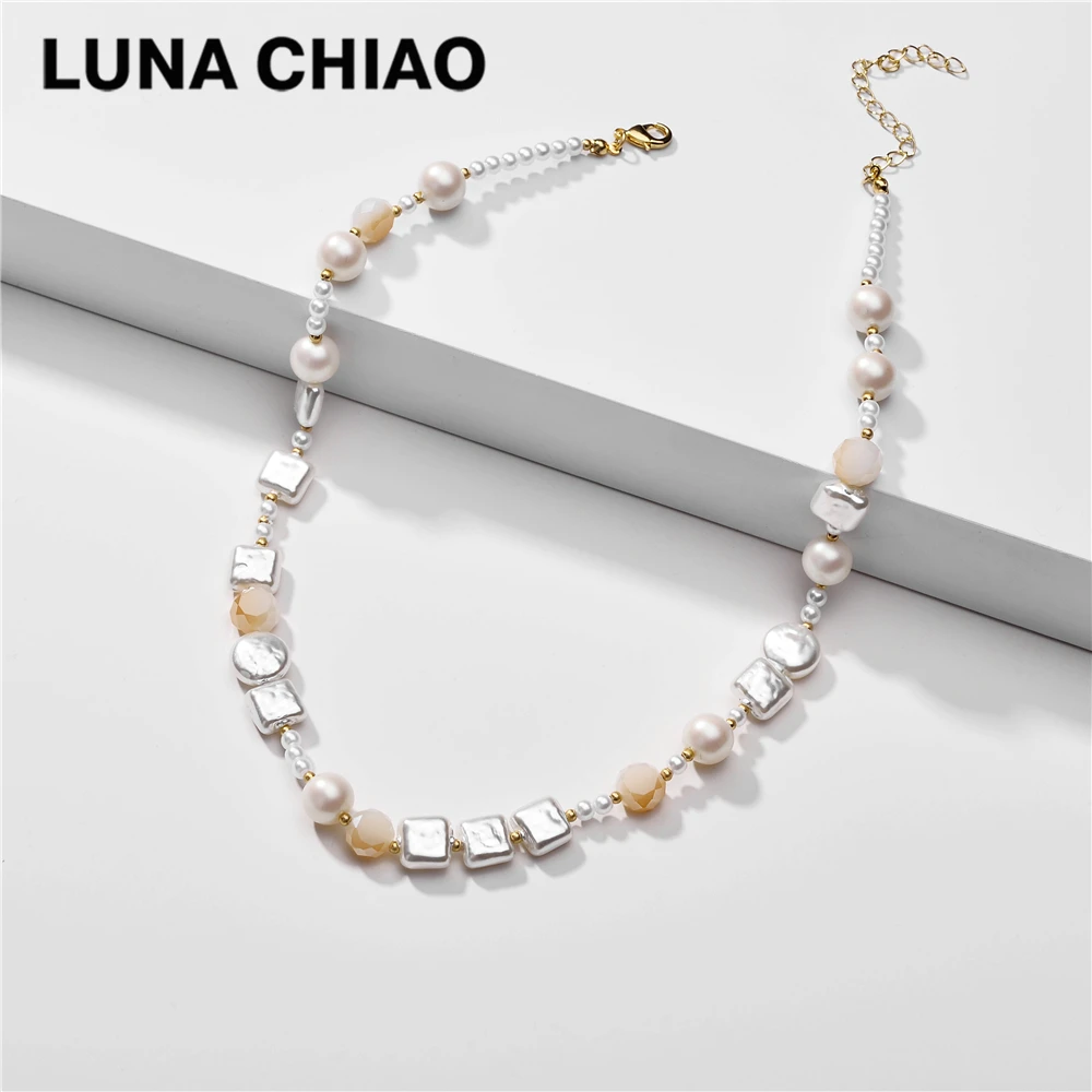 Ожерелье цепочка женское квадратное с жемчугом и кристаллами|Цепочки| |