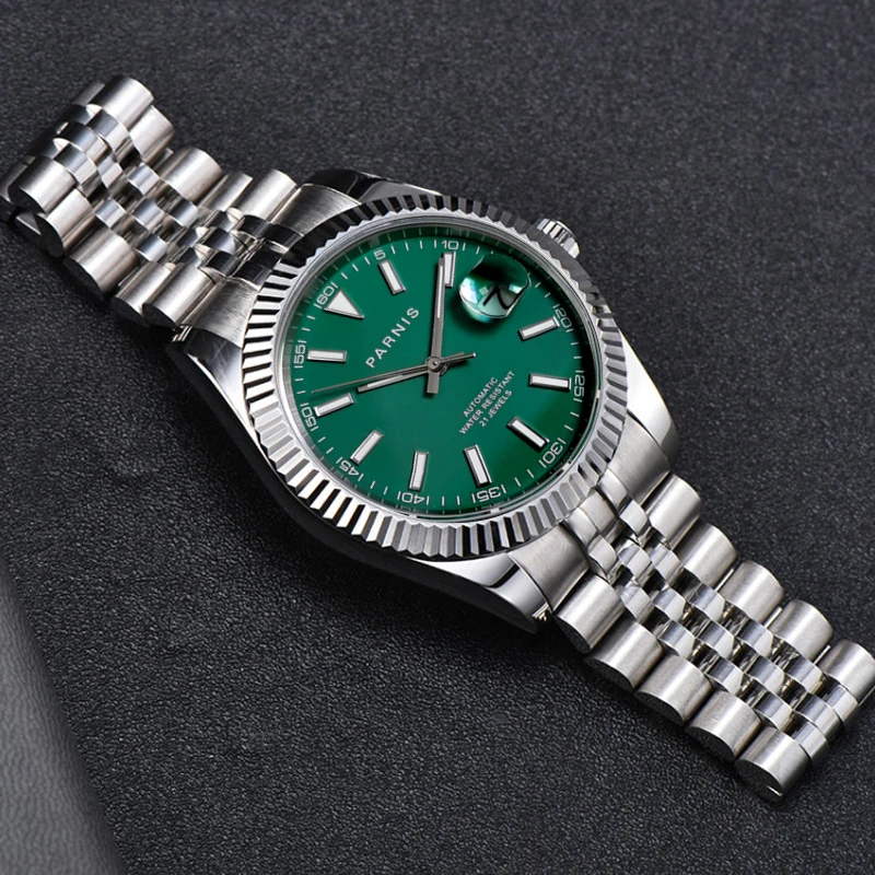 

Fashion Parnis 39.5mm Green Dial Automatic Mechanical Men's Watches Sapphire Glass Miyota 8215 Movement Wristwatch With Box Gift