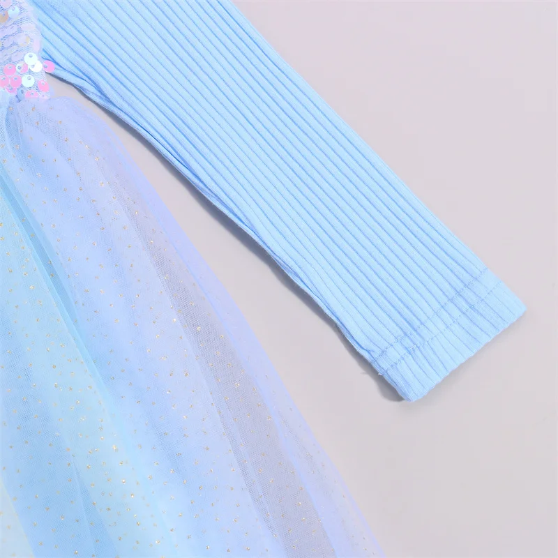 

2-7 Years Old Baby Girls Breathable Sequins Dress Rainbow Mesh Splicing Long Sleeve O-Neck Princess Dresses Toddlers Party Dress