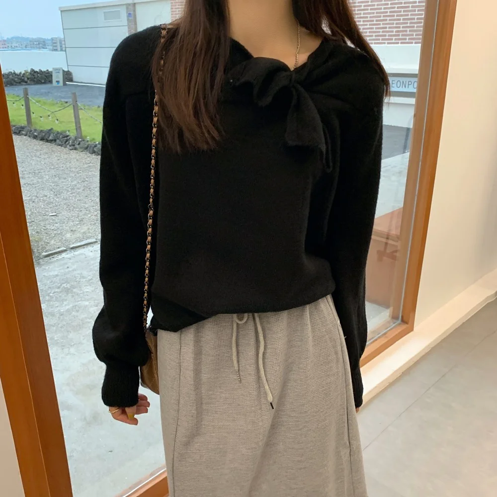 

HziriP Chic Vintage Bow Knitted Sweet Solid Sweaters Pullover Women Hot 2021 Warm Tops High Quality Streetwear Autumn Tops
