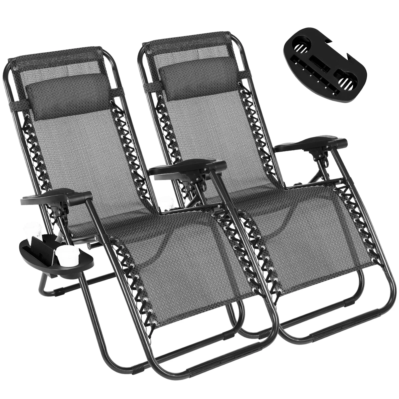 Patio Adjustable Folding Reclining Beach Chairs W/ Headrest Pillow Tan/black[us-depot]