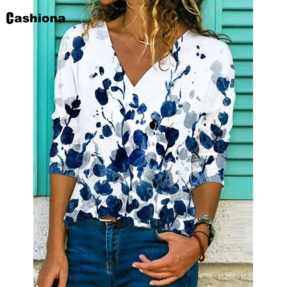 

Plus size 5xl Women Bohemian Flower Print Top Lady Elegant Leisure Casual Long T-shirt Autumn Sexy V-Neck Loose Tees Shirt Femme