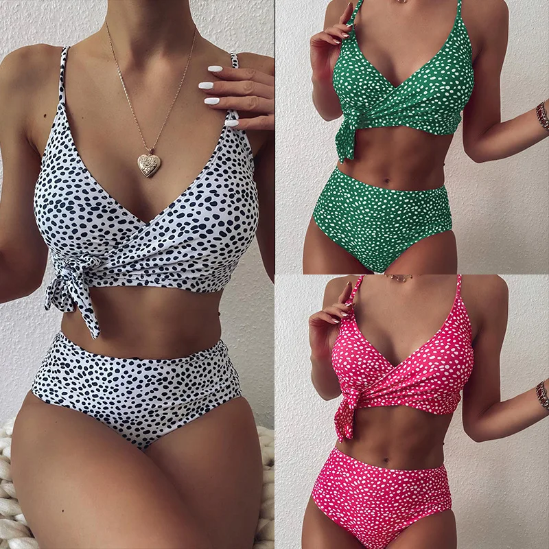 

Sexy Green dot Print Bikini 2021 Women Bathing Suit Bathers High Waist Swimsuit Brazilian Push Up Lace Up Bandage Swimwearr