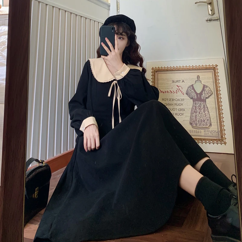 

Black Dress Women's Clothing Summer 2021 New French Retro Mid-Length Doll Collar Slimming Dress