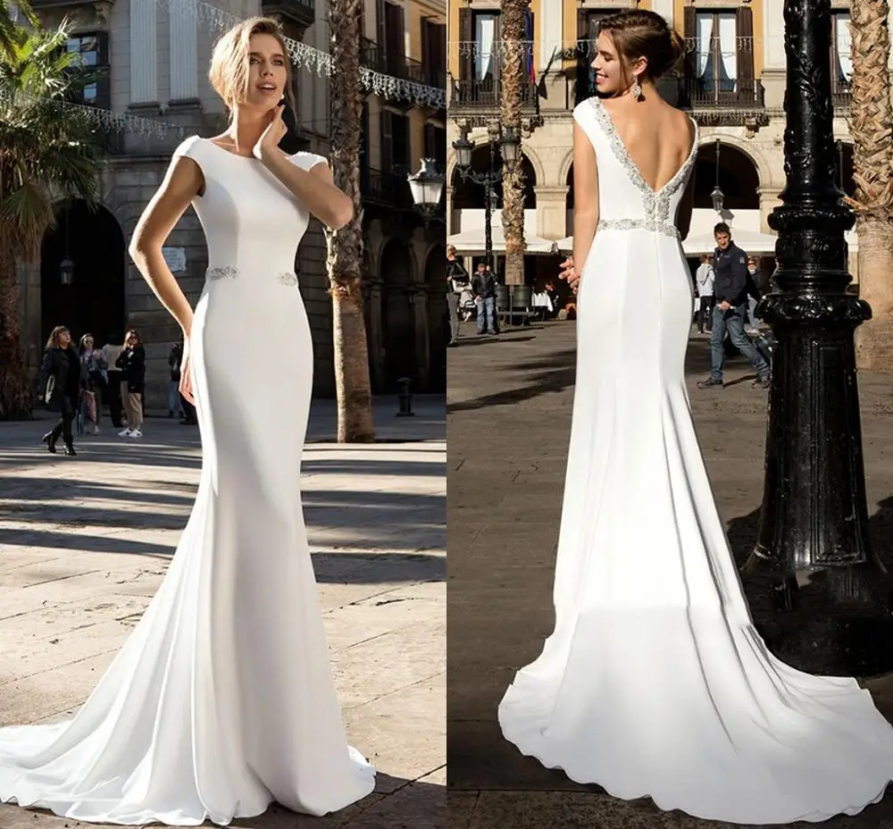 Mermaid Long Wedding Dress 2021 Vestido De Novia Satin Beaded Cap Sleeve Backless Bridal Gowns Robe Mariee