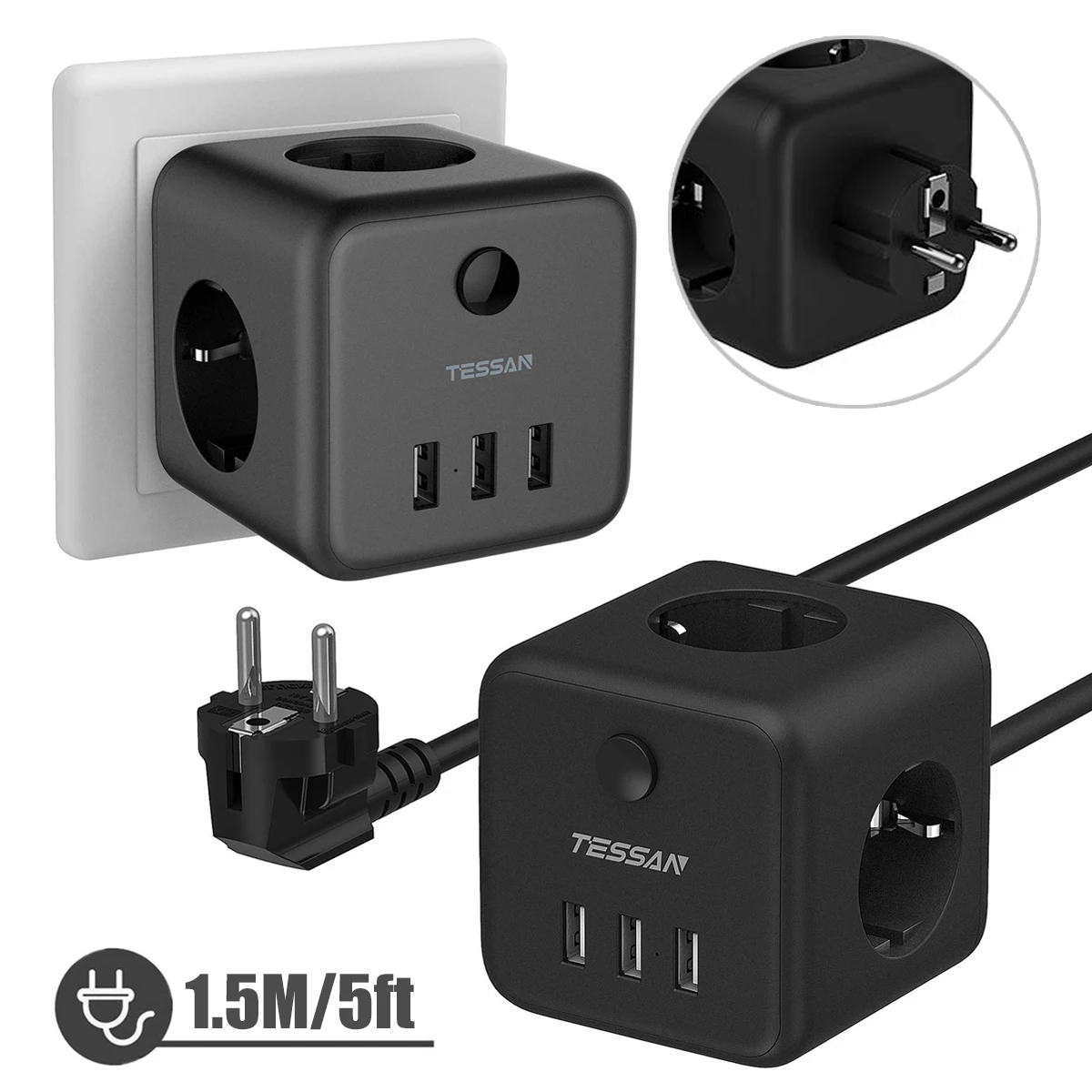 Сетевой фильтр TESSAN с выключателем 3 розетки (2500 Вт/10 а) и USB-порта кабель 1 5 м для