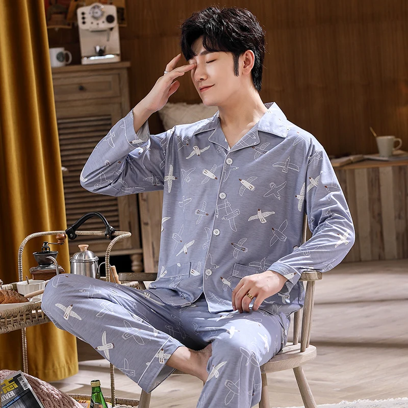 

Men's Pajama Set Autumn Winter Warm Man Pajamas Set Simple Sleepwear Long Sleeve Cotton Pajamas for Men Top Pant Leisure Outwear