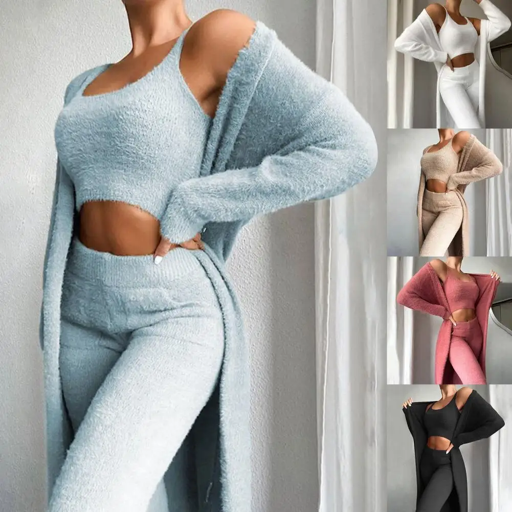 

1 Set Women Elegant Outfit Scoop Neck Crop Top Long Sleeve Open Front Coat Pants Three-Piece Outfit for Daily Wear