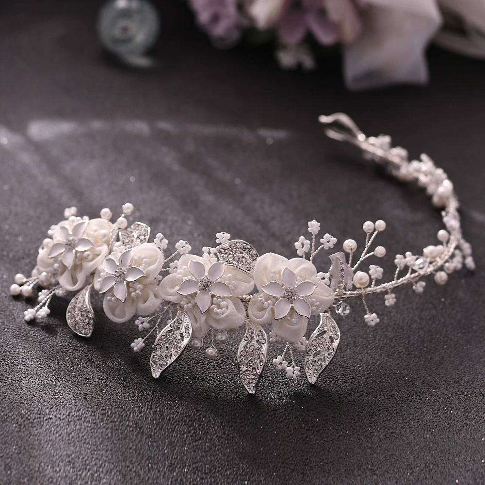 SLBRIDAL Handmade Silver Color Crystal Rhinestones Pearls Flower Leaf Wedding Headband Bridal Hair Accessories Women Jewelry | Украшения и