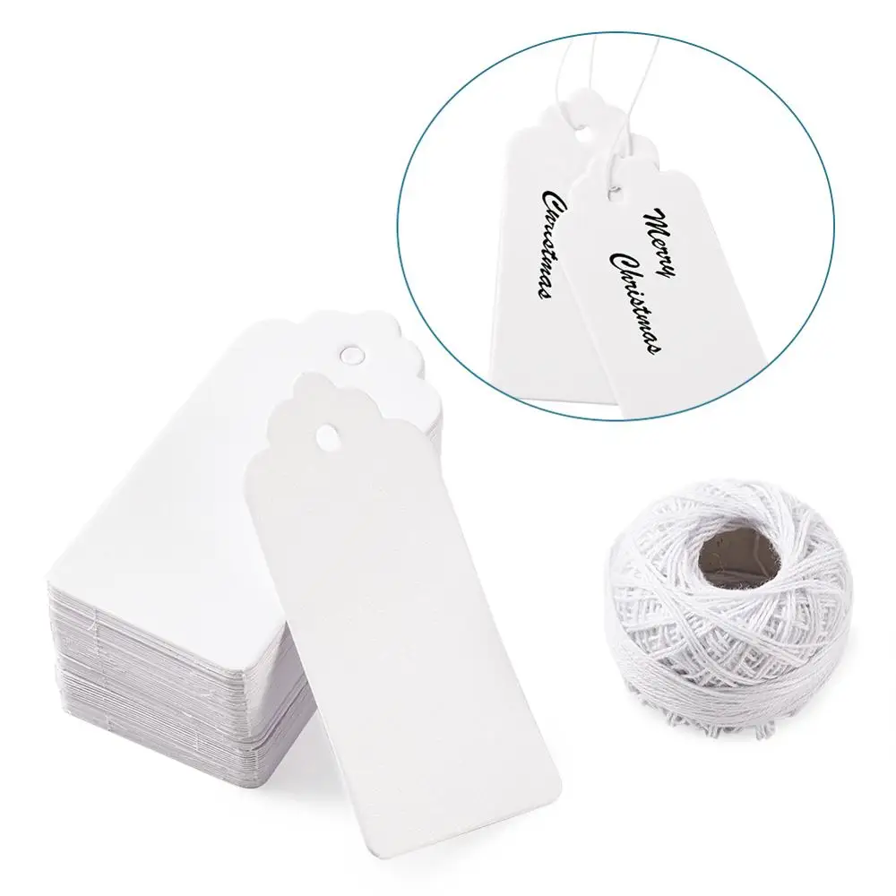 

150pcs Paper Cards Blank Price Label Tags for Jewelry Gift Watch Display with Cotton Threads String White Rectangular