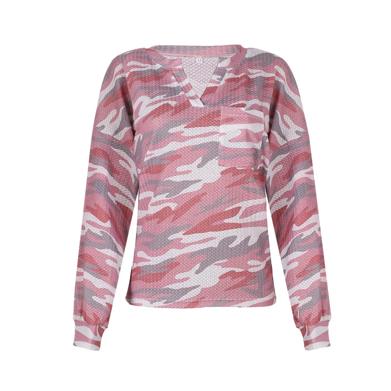 

Spot 2020 Autumn Popular European and American Women's Tie Dye Printing Long Sleeve V-neck Pocket Casual Top