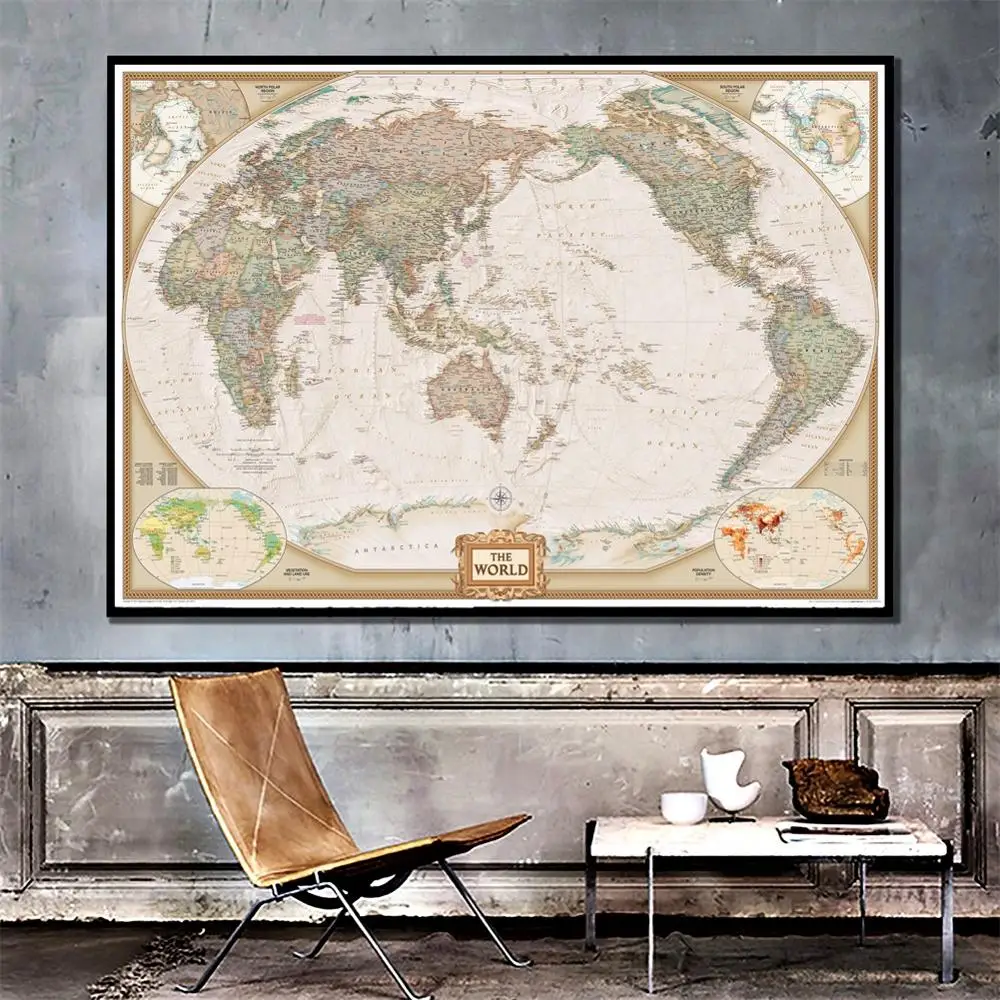 

A2 Size HD Printed Vector Map World Physical Map Without Frame Fine Canvas Painting For Home Wall Decor