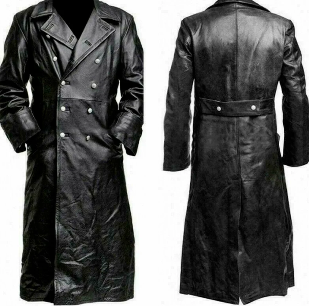 

Men Lapel Double Breasted Classic Faux Leather Jacket Officer German Trench Coat Oversize S-5XL