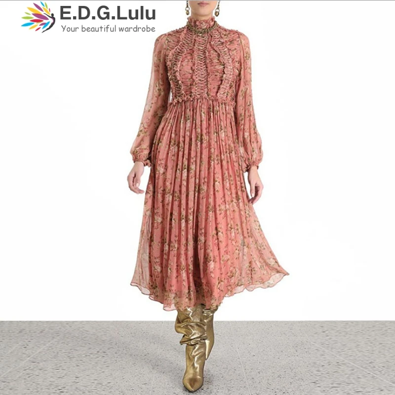 EDGLulu 2019 осеннее модное женское платье с пышными рукавами шифоновое принтом