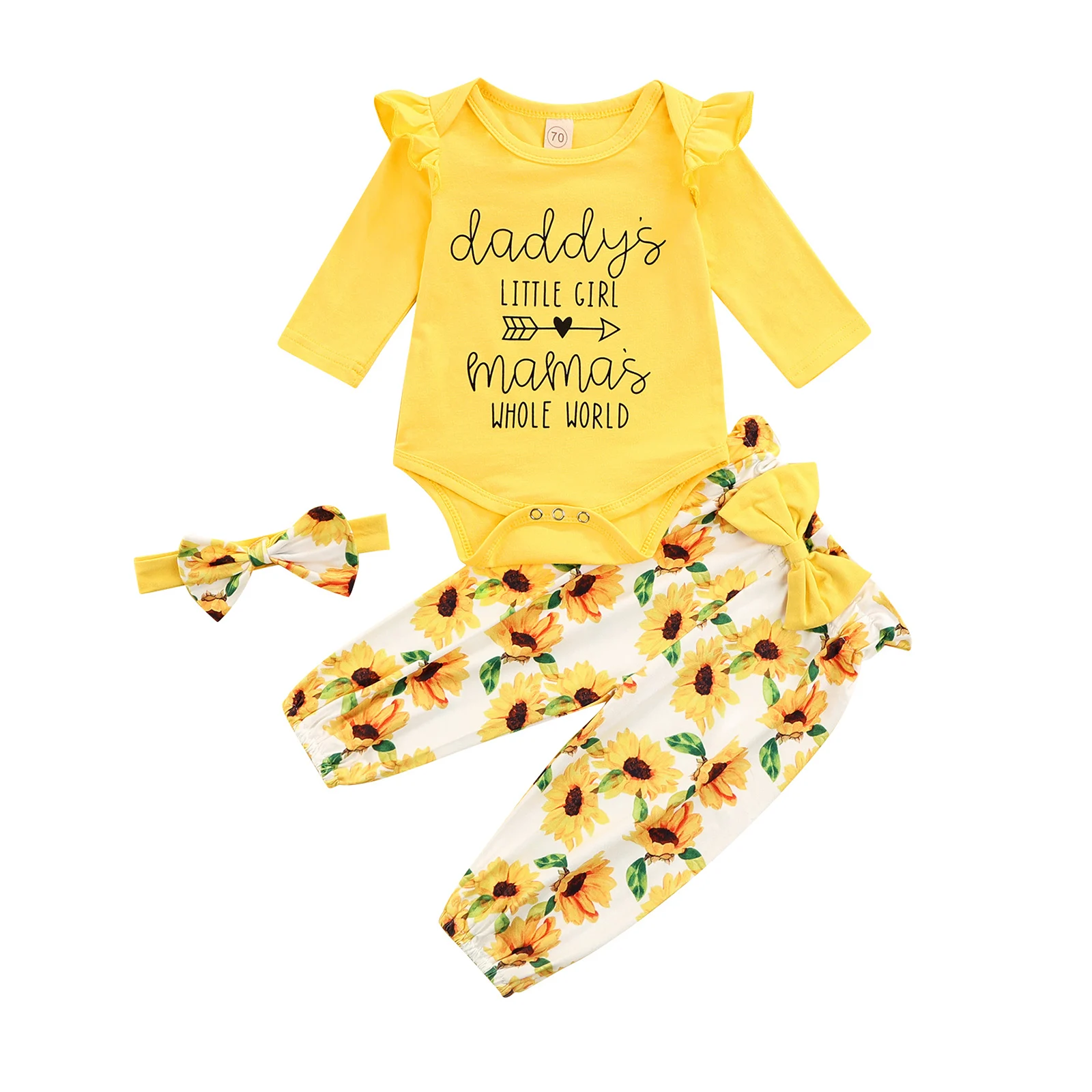 

3Pcs Infant Baby Fall Outfits, Long Sleeve Letter Print Romper + Sunflower Pants + Headband Set