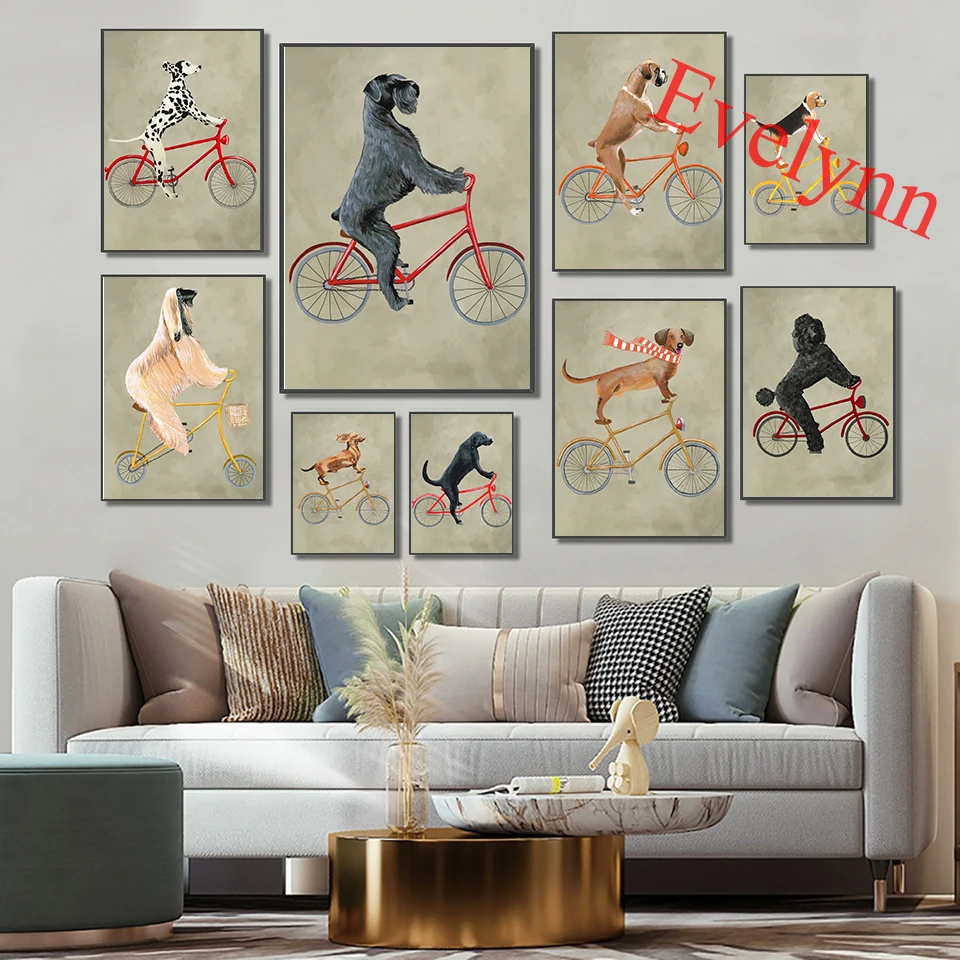 

Dog On Bicycle Art Posters Dachshund Black Labrador Dalmatian Labrador Boxer Afghan Dog Boston Home Decor Canvas Wall Art Prints