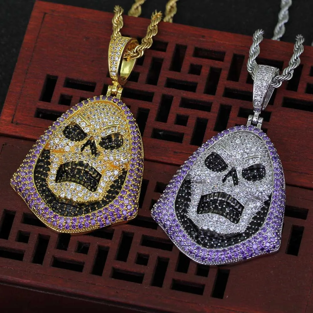 Mens Woman Hip-hop Trendy Iced Out Cubic Zirconia Funny Skull Death Cartoon Pendant Necklaces Bling Jewelry Hallowmas Gift | Украшения и