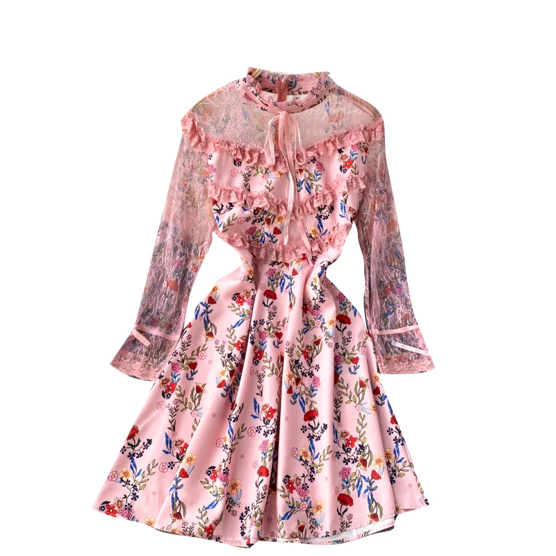 

Court Style French Retro Heavy Work Dress round Neck Half Sleeve Ruffled Mesh Lace Crocheted Patchwork Skirt Tide