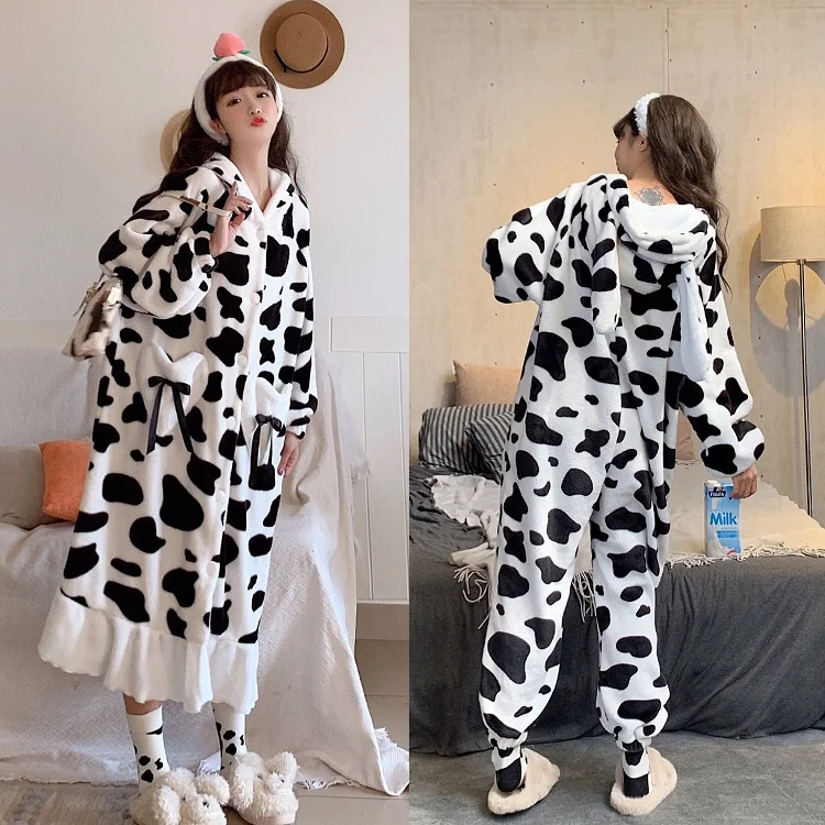 Женская осенне зимняя пижама с принтом коровы свободная одежда для сна ночная