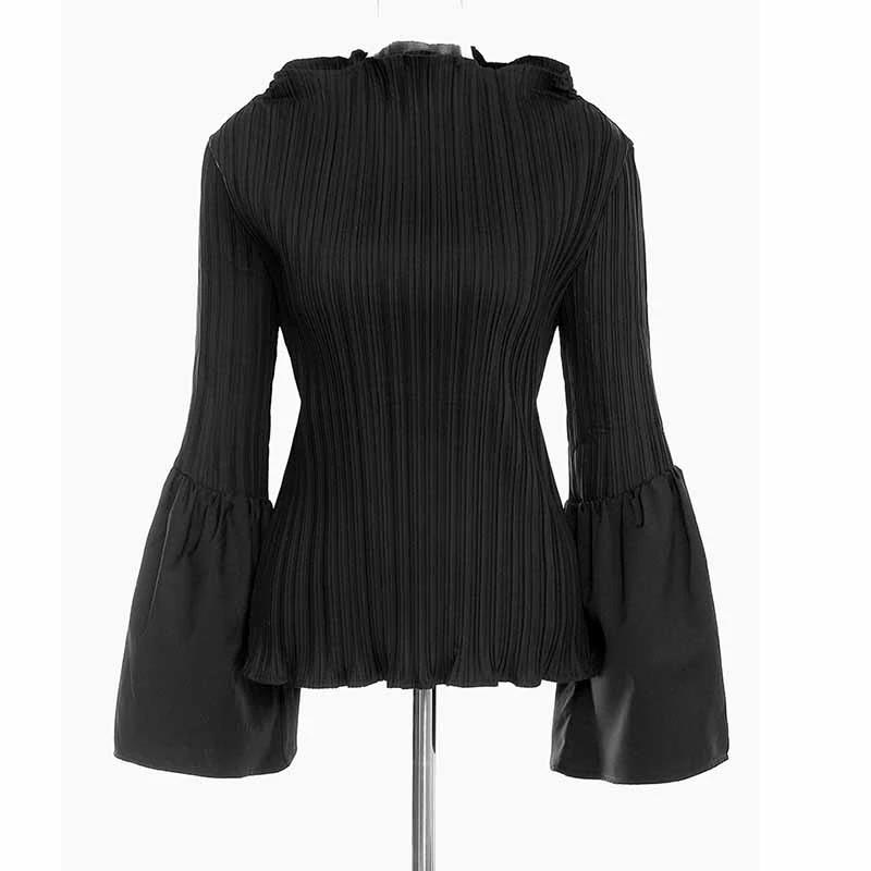 

SeeBeautiful Loose Pleated Blouse Shirt Slash Neck Flare Sleeve Simple New Fashion Autumn 2021 Women M069