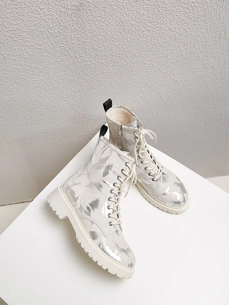 

Trendy Personality Printed Martin Boots Women's New High-Top Plus Cashmere Thick-Soled Front Lace-Up Genuine Leather Short Boots