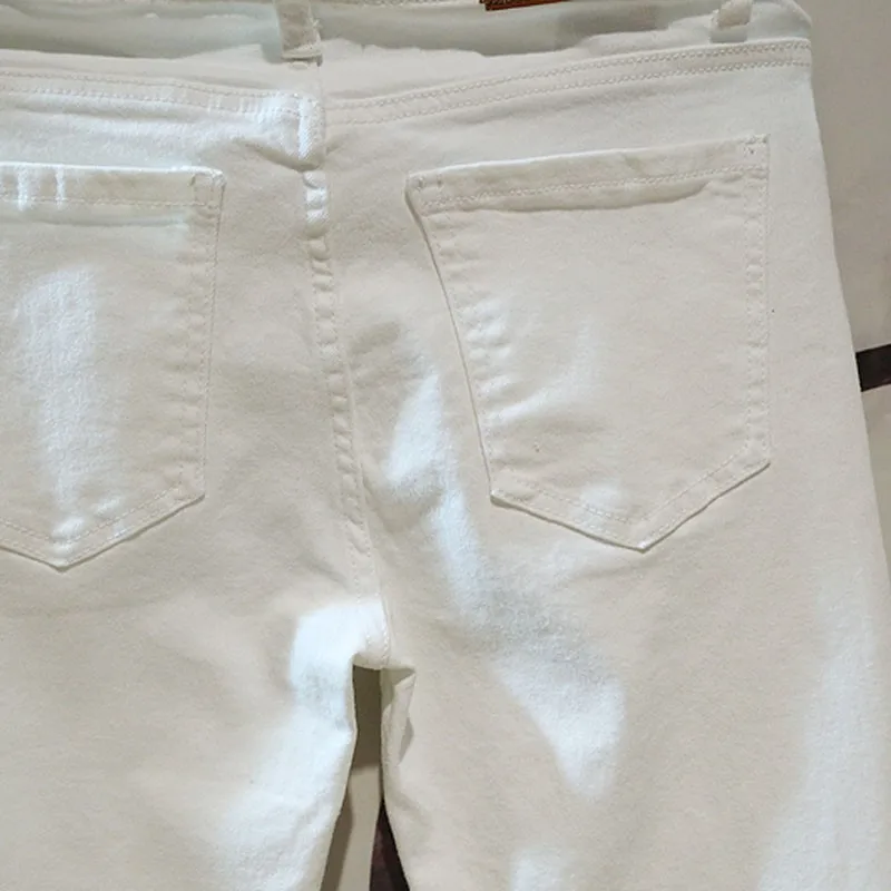 

Fashion Men White Jeans Slim Fit Pencil Pants Hole Ripped Denim Pants Long Trousers Casual Streetwear Harajuku Cowboy Man Jeans