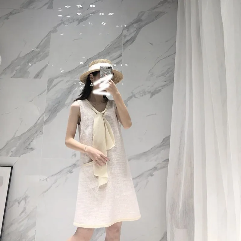 

Ladies Sleeveless V-Neck Lace Up Short A-Line Dresses Qualities Pocket Slim Solid Sleeveless Vest Dresses Female Party Dresses