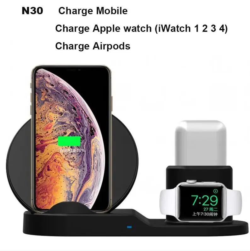 3 в 1 Быстрое беспроводное зарядное устройство для Apple Watch iWatch 1 2 3 4 5 Airpods QI Беспроводное зарядное устройство док-станция для iPhone 11 Pro XR XS MAX - Тип штекера: N30 only