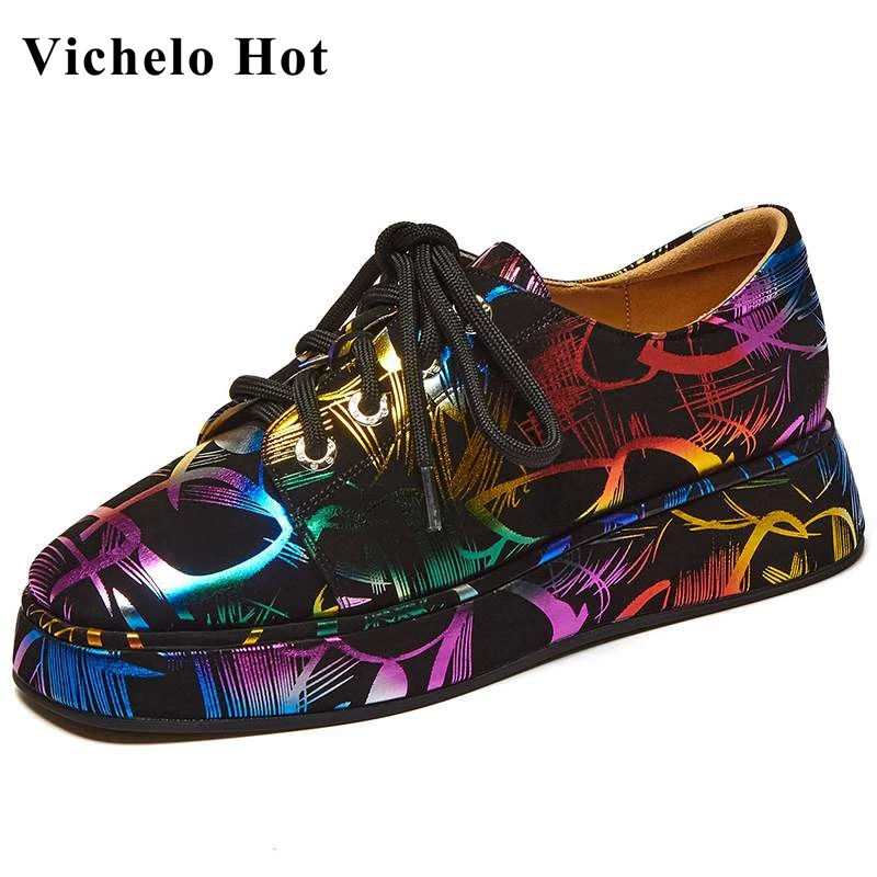 

Vichelo Hot new round toe printing trendy young lady streetwear hip hop style fashion style lace up sneaker vulcanized shoes L66