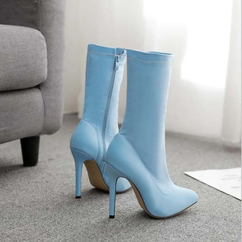 

2021 New Women Ankel Boots Women Elastic Boots Candy Color Pointed High-Heeled Women Boots Female Booties Women Shoes