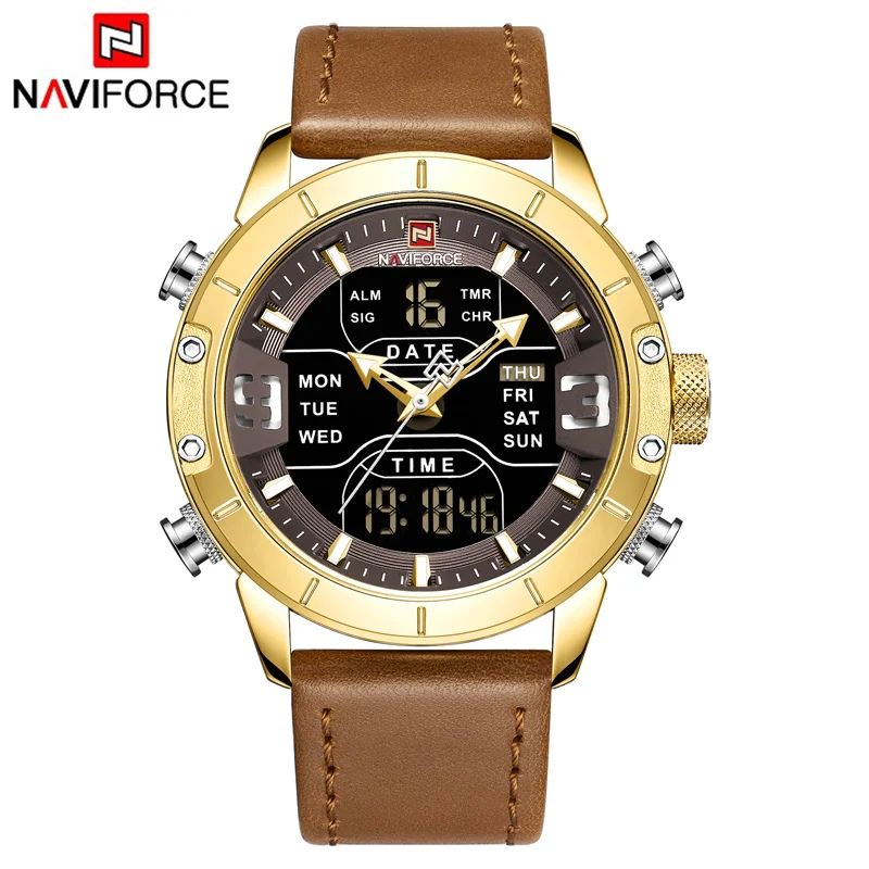 Leather G G NAVIFORCE мужские часы с двумя дисплеями Лидирующий бренд Модный светодиодный цифровой Роскошные мужские часы кожаные спортивные водонепроницаемые кварцевые наручные часы - Цвет: Leather G G