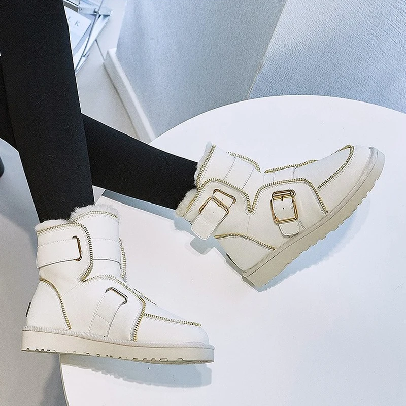

Snow boots women leather plus velvet thick warm short boots 2021 winter metal thick-soled cotton shoes zipper motorcycle boots