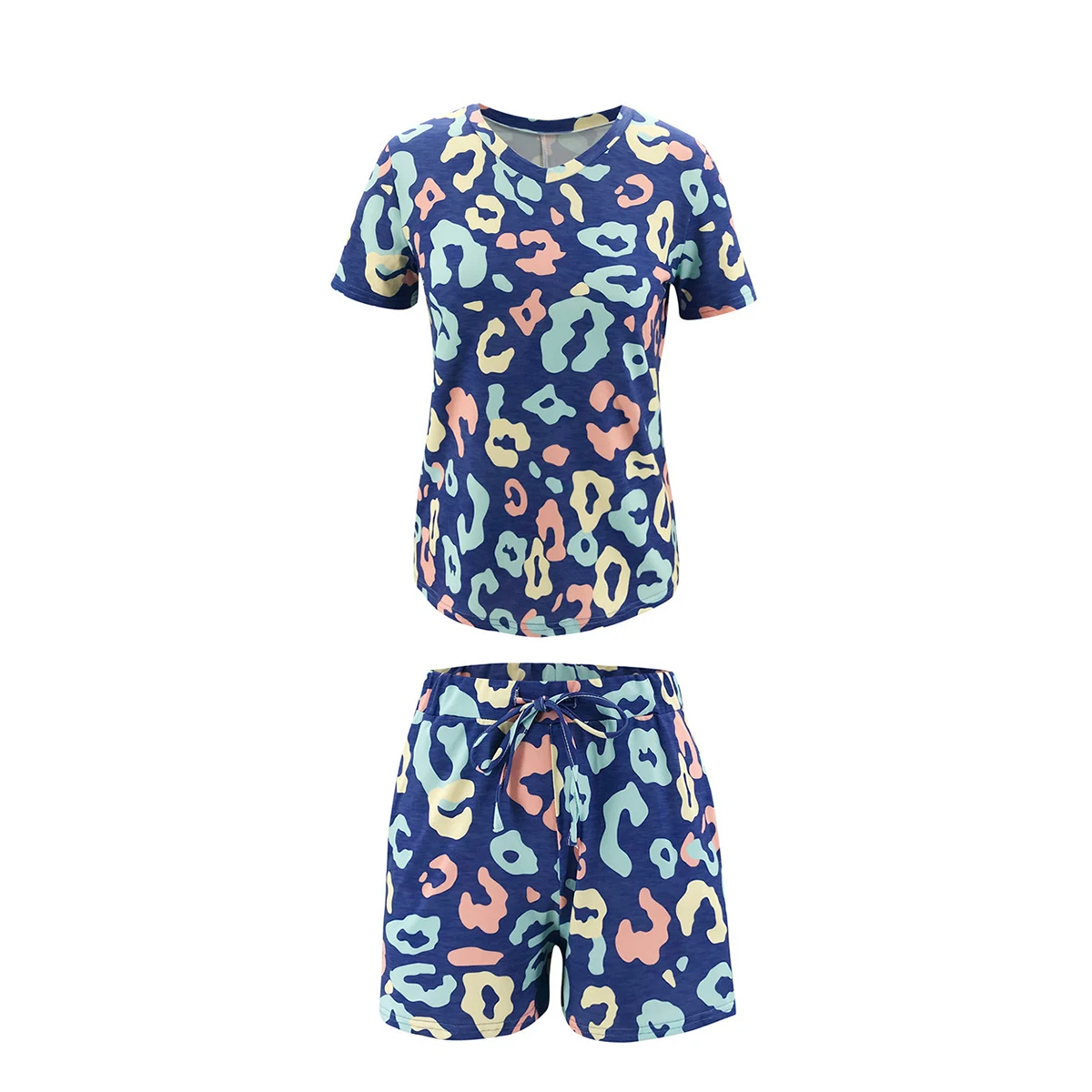 

2PCS Women Home Clothes Set V-Neck Casual Print T-shirt + Drawstring Elastic Waist Shorts Summer Casual Loose Clothes