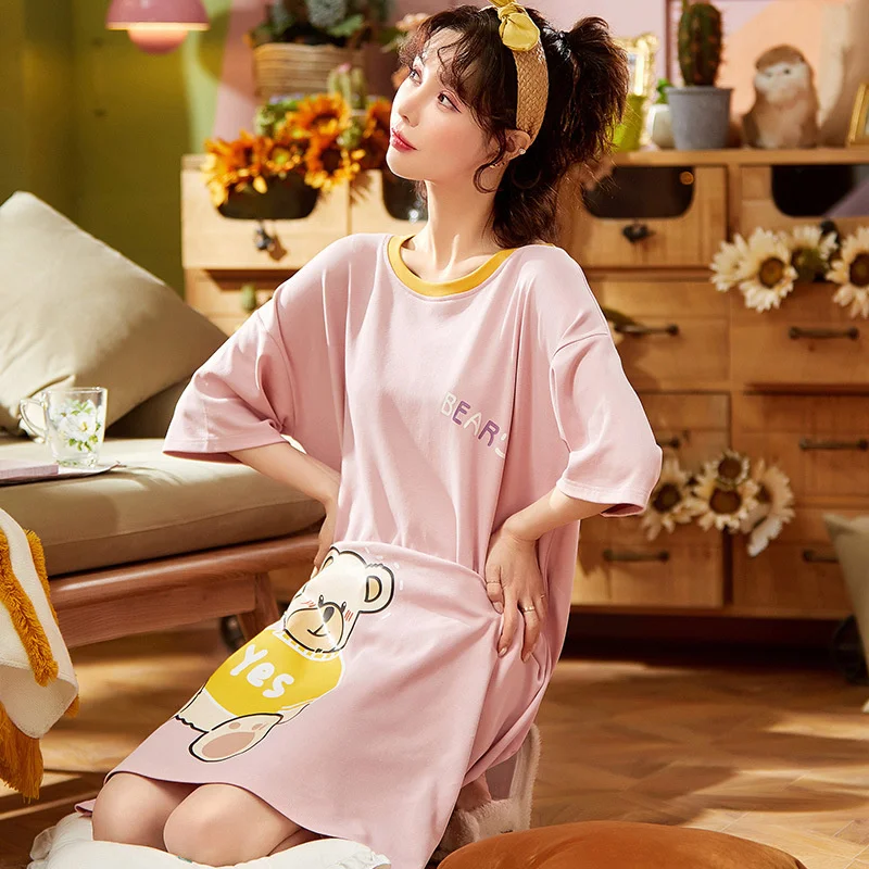 

New Style Nightdress Female Summer Cartoon Sweet Lovely Student Large Loose Cotton Short Sleeve Age Reduction Can Go Out