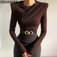 qinjoyer women cotton t shirts solid shoulder pad crop top lady spring autumn long sleeve t shirt o neck ruched tee women tops