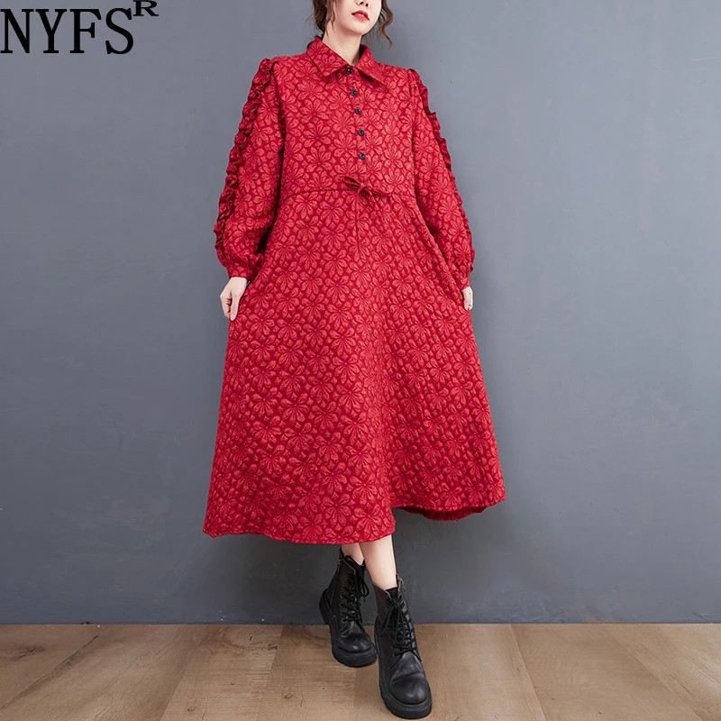 

NYFS 2022 New Spring Autumn Jacquard Drawstring Woman Dress Vestidos Robe Elbise Vintage Fashion Shirt Dress