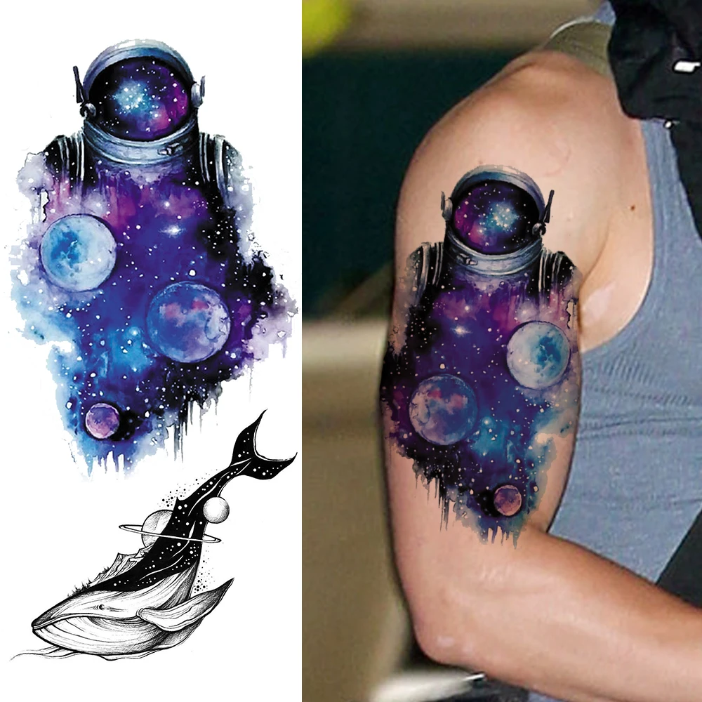

Watercolor Astronaut Temporary Tattoos Sticker Realistic Fake Planets Whale Tattoos For Adult Fashion Body Art Drawing Arm Tatoo