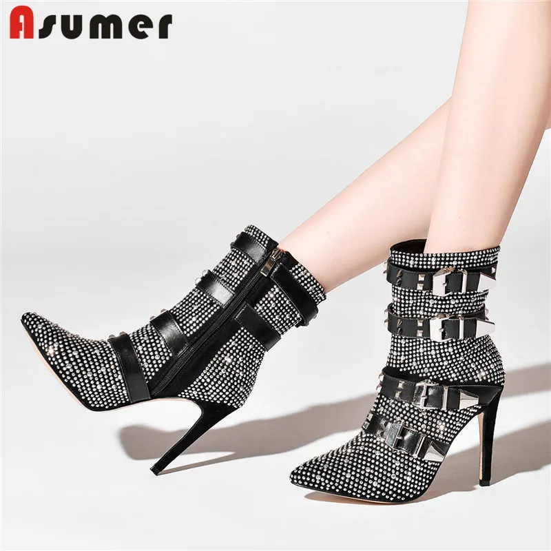 

ASUMER/модные замшевые ботильоны больших размеров 34-43 женские ботинки с острым носком, на молнии, с тяжелым металлическим украшением осенне-зи...