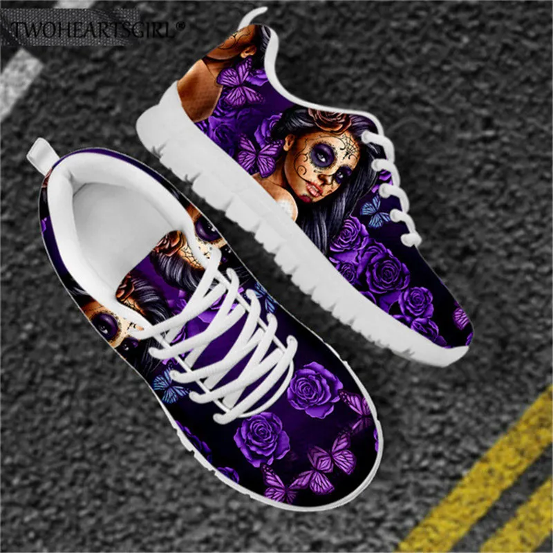 

Twoheartsgirl Rose Skull Girls 3D Print Mesh Sneakers Classic Women Comfortable Lace-up Winter Flats Female Leisure Footwear