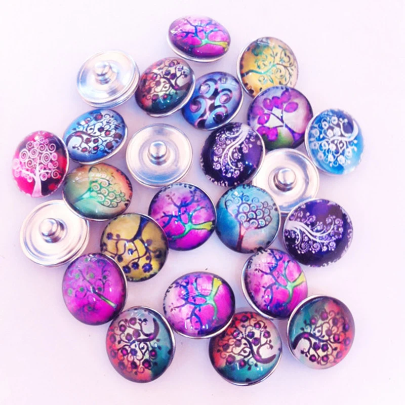 

12 pcs/lot Assorted Glsss Dome Life Trees 18mm Snap Buttons For Bracelet DIY Interchangeable Component