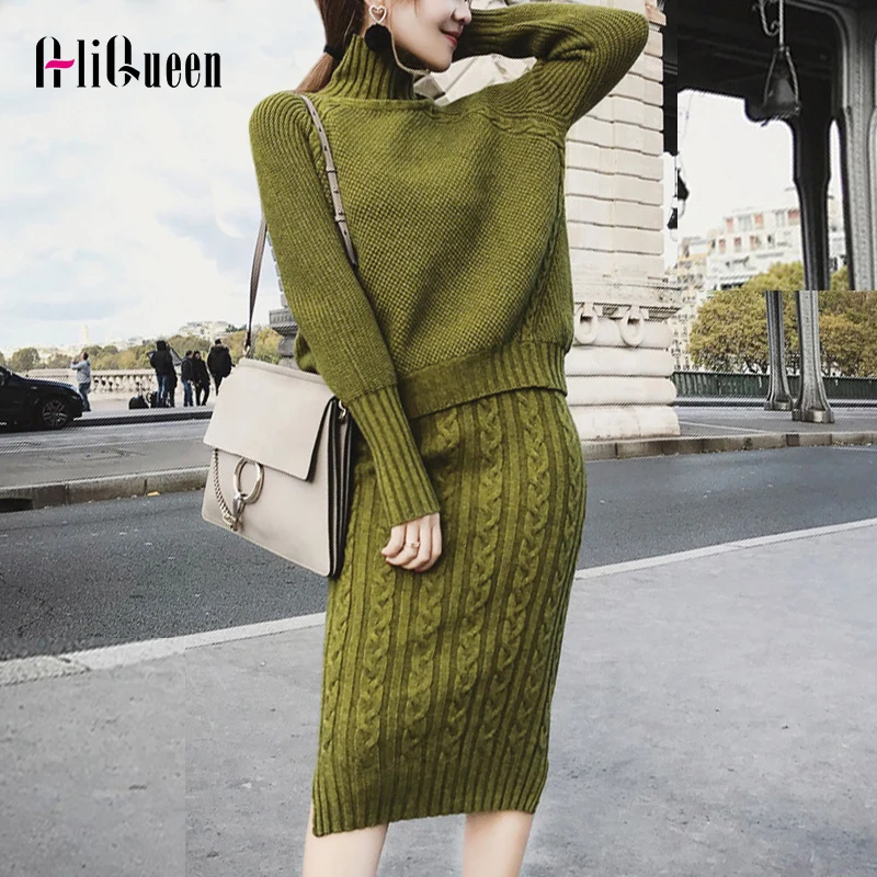Women Twist Knitted 2 Piece Set Long Sleeve Turtleneck Pullover Sweater + Split Pencil Skirt Lady Runway Knitting Suit | Женская одежда