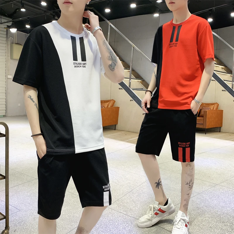 

Patchwork Men Tracksuit Set T Shirt Summer Two Pieces Sporting Track Suit Male Sets Printed Tee Tops Shorts Set Mens Track Suit