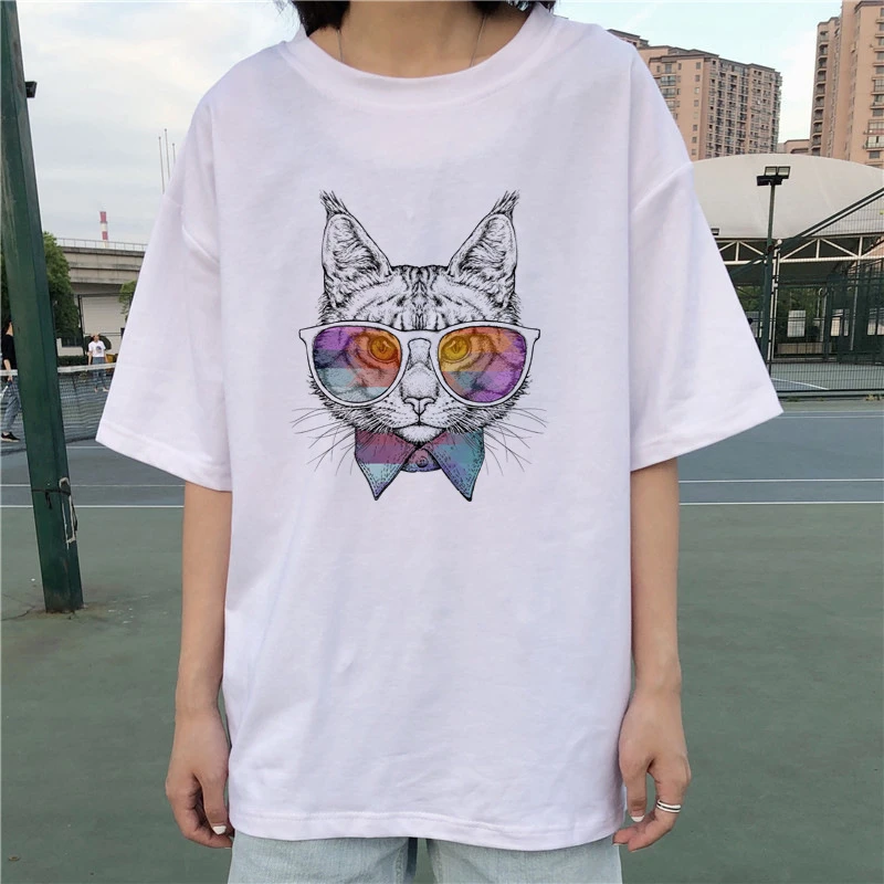 Новинка пуловер с принтом милого кота свободная футболка для молодых девушек