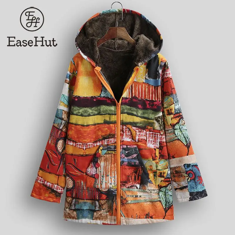 EaseHut винтажная зимняя женская куртка 4XL 5XL размера плюс с капюшоном с длинным рукавом Повседневная Верхняя одежда весна осень Femme хлопковое льняное пальто