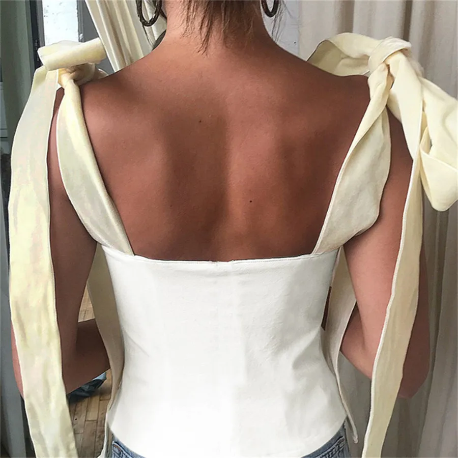 Женский топ с открытыми плечами DEAT на бретельках бантом весна-лето 2020 | Женская