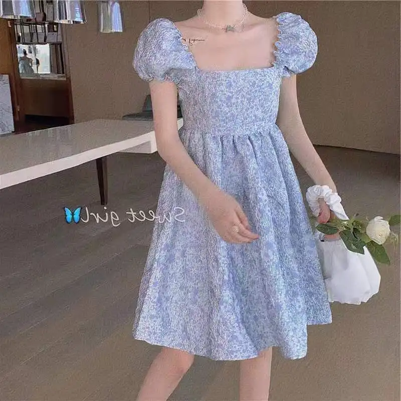 

New Summer Elegant Blue Floral Dress Women Korean Sweet Casual Chiffon Mini Dress Puff Sleeve Party Princess Revolve Fairy Dress