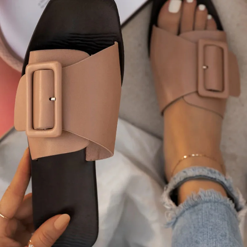 

Летние шлепанцы, женская обувь, пляжные шлепанцы с пряжкой, с квадратным носком, 2021, модные, однотонные, женские, на плоской подошве