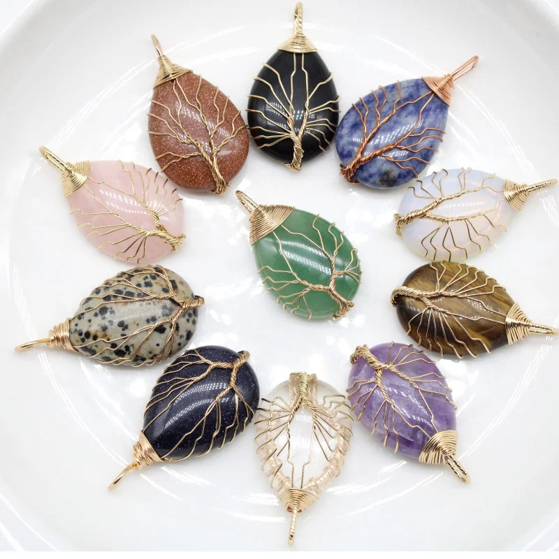 

Natural Stone Crystal PendantsTree of Life Roses Quartz Amethyst Copper wire Wire Wrapped Trendy Jewelry Making Wholesale 6pcs