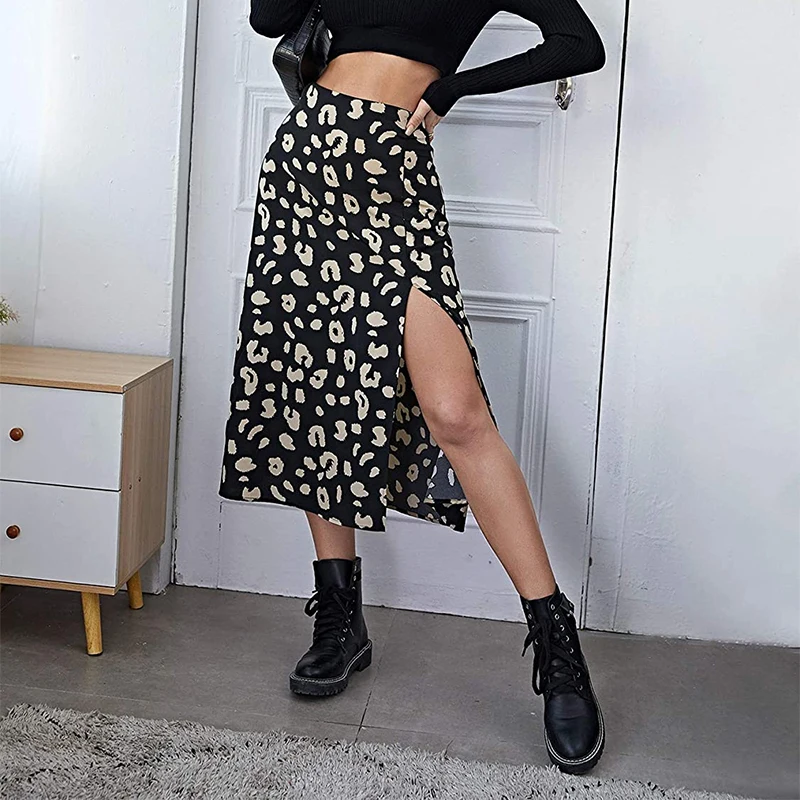 

Женская Повседневная юбка средней длины, модная юбка-трапеция с высокой талией и леопардовым принтом, с разрезом, лето и осень 2021