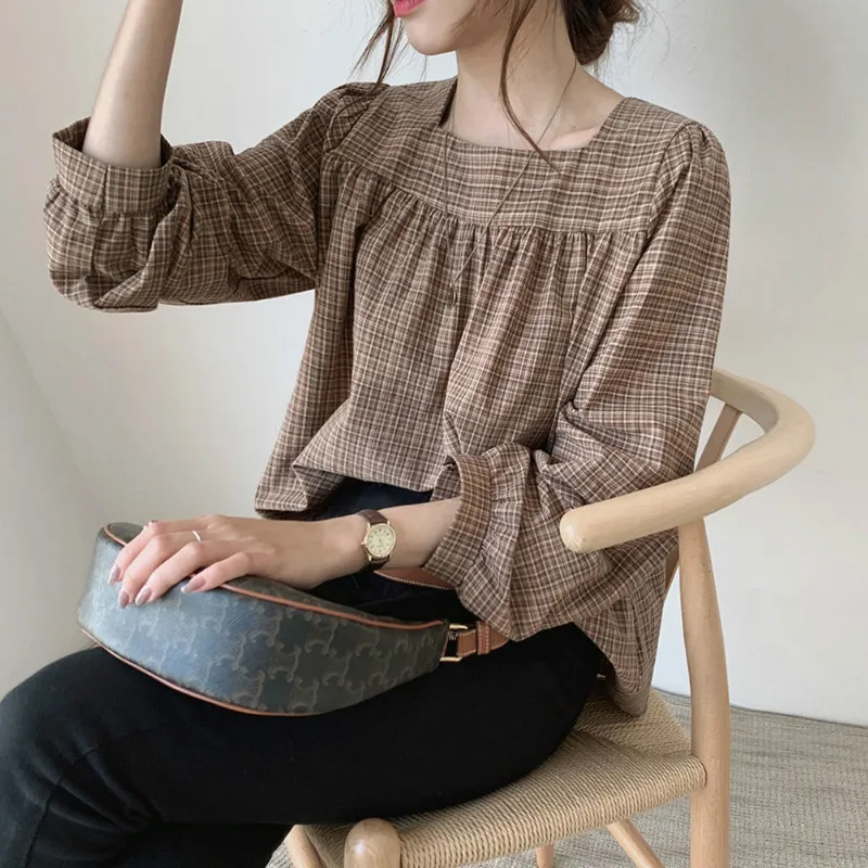 

Chic Fashion Chic Vintage Korean Style Spring New Pleated Female Design Plaid Blouses Women Square Collar Puff Sleeve Shirts